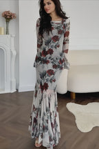 Elegant Long Sleeve Mermaid Rose Floral Dress