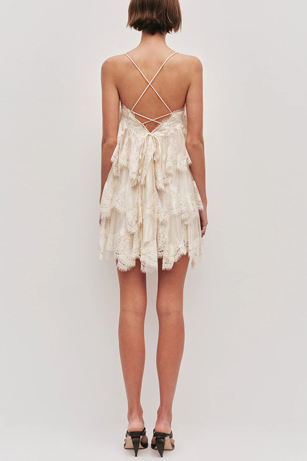 Ophelia Layered Lace Trim Tiers Adjustable Straps Backless A-line Mini Dress