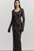 Lace Scoop Neck Extra Long Sleeve Bodycon Maxi Dress