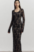 Lace Scoop Neck Extra Long Sleeve Bodycon Maxi Dress