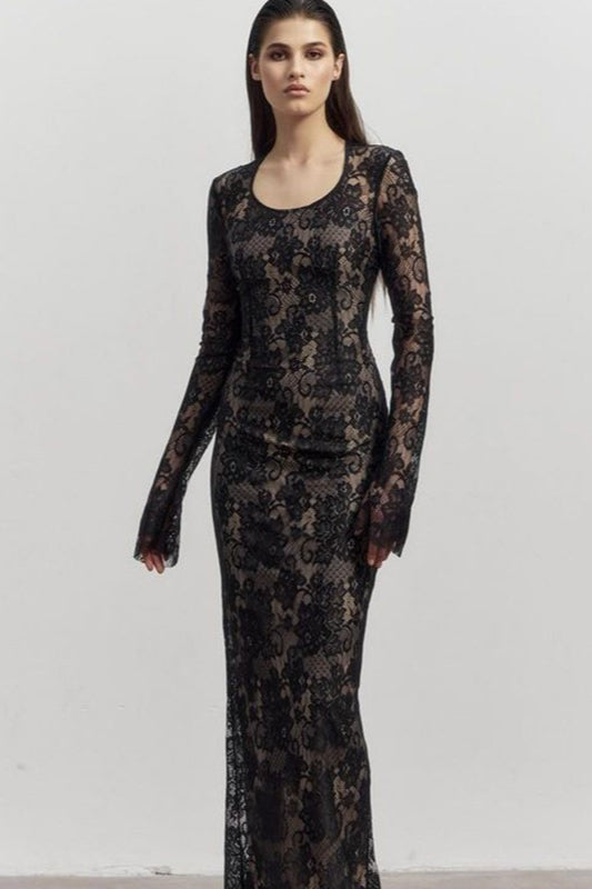 Lace Scoop Neck Extra Long Sleeve Bodycon Maxi Dress