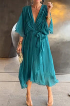 Deep V-Neck Flutter Sleeve Tie Waist Handkerchief Hem Midi Dress