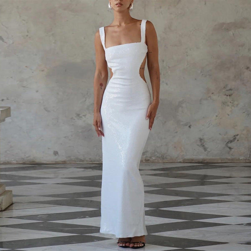 Edith Chic Charming Sequin Sling Square Collar Backless Dress Skirt Evening Wear Edit