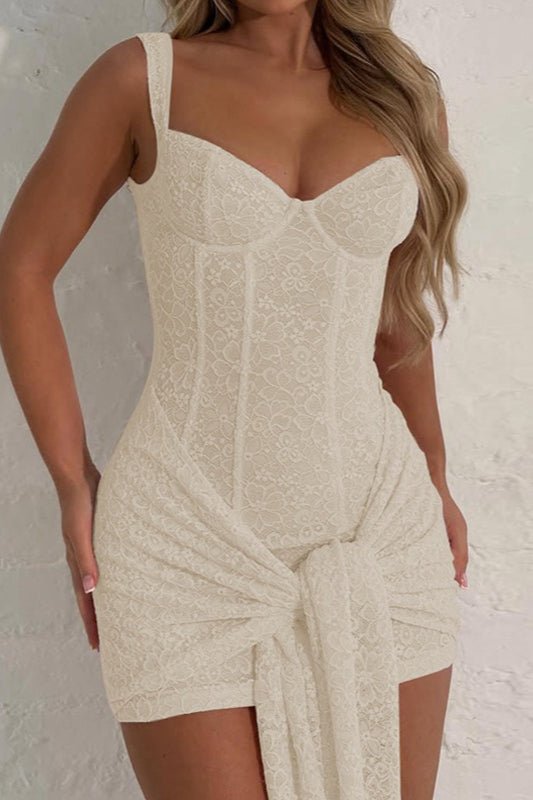 Floral Lace Sweetheart Neck Corset Bodice Waist Tie Wrap Mini Dress
