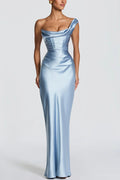 Thalassa Satin One Shoulder Scooped Neck Bias Cut Pleated Maxi Dress