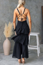 Solid Color V-neck Sleeveless Elegant Layered Maxi Dress
