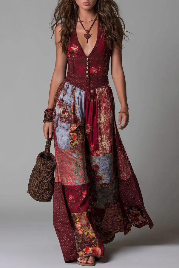 Unique Printed V-neck Sleeveless Fitted Waist Casual Maxi Dress