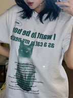 Cat Letter Print Oversized Short Sleeve Tee