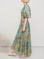 Puff Sleeve Button Front Paisley Border Print Maxi Dress