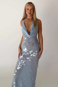 Halter Neck Plunging Cowl Neck Paillette Sequin Mesh Bodycon Maxi Dress