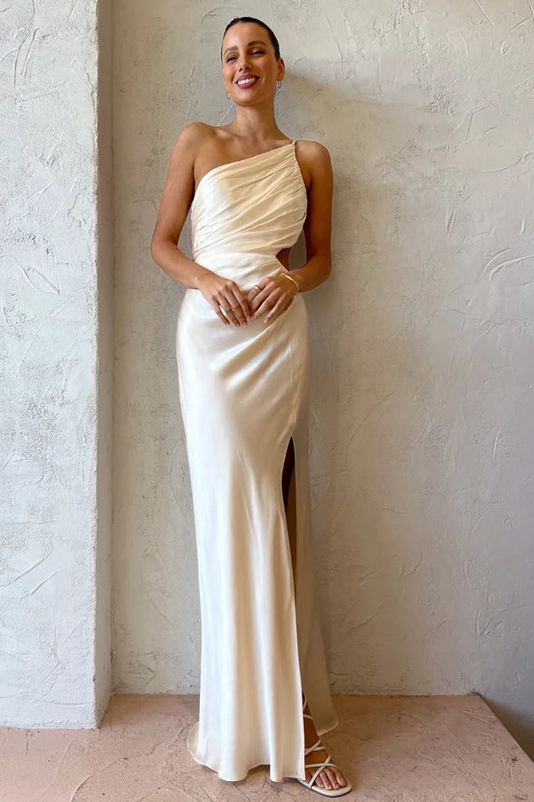 Regina Chic One Shoulder Ruched Evening Dress with High Slit and Cami Maxi Silhouette Collection