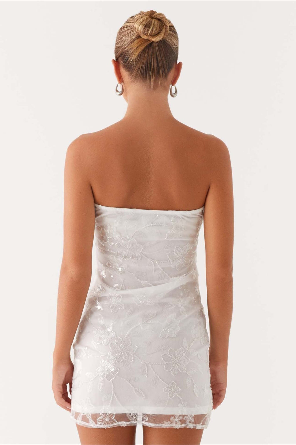 Strapless Sequin Floral Embroidered Mesh Bodycon Mini Dress