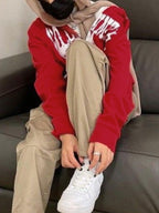 Red Vintage Print Zip Up Oversized Hoodie