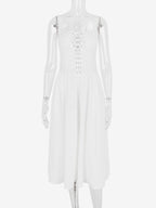 White Corset Dress Cutout Wide Strap Lace Trim Backless Cottagecore Midi Dresses