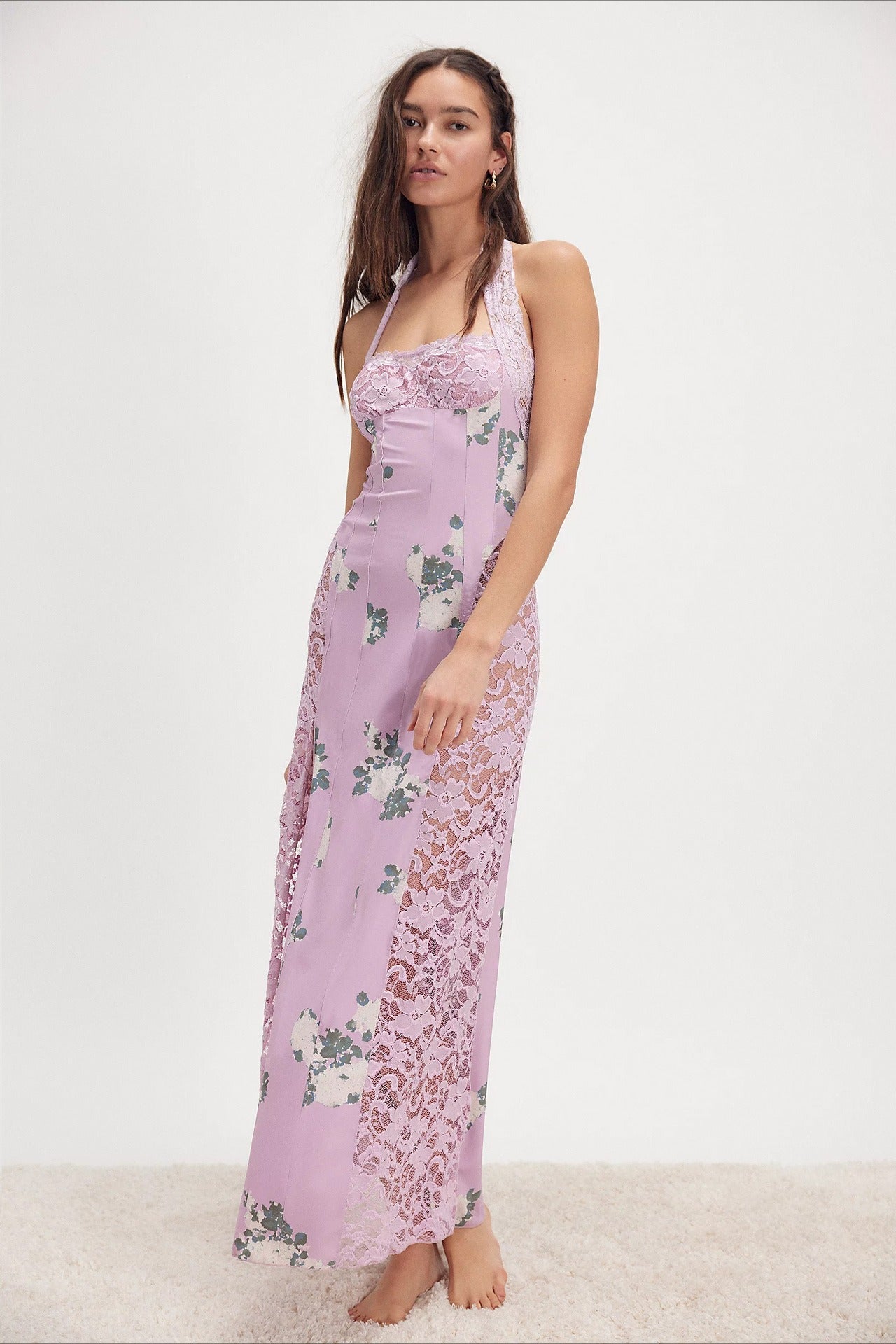 Floral Print Lace Panel Halter Neck High Split Maxi Dress