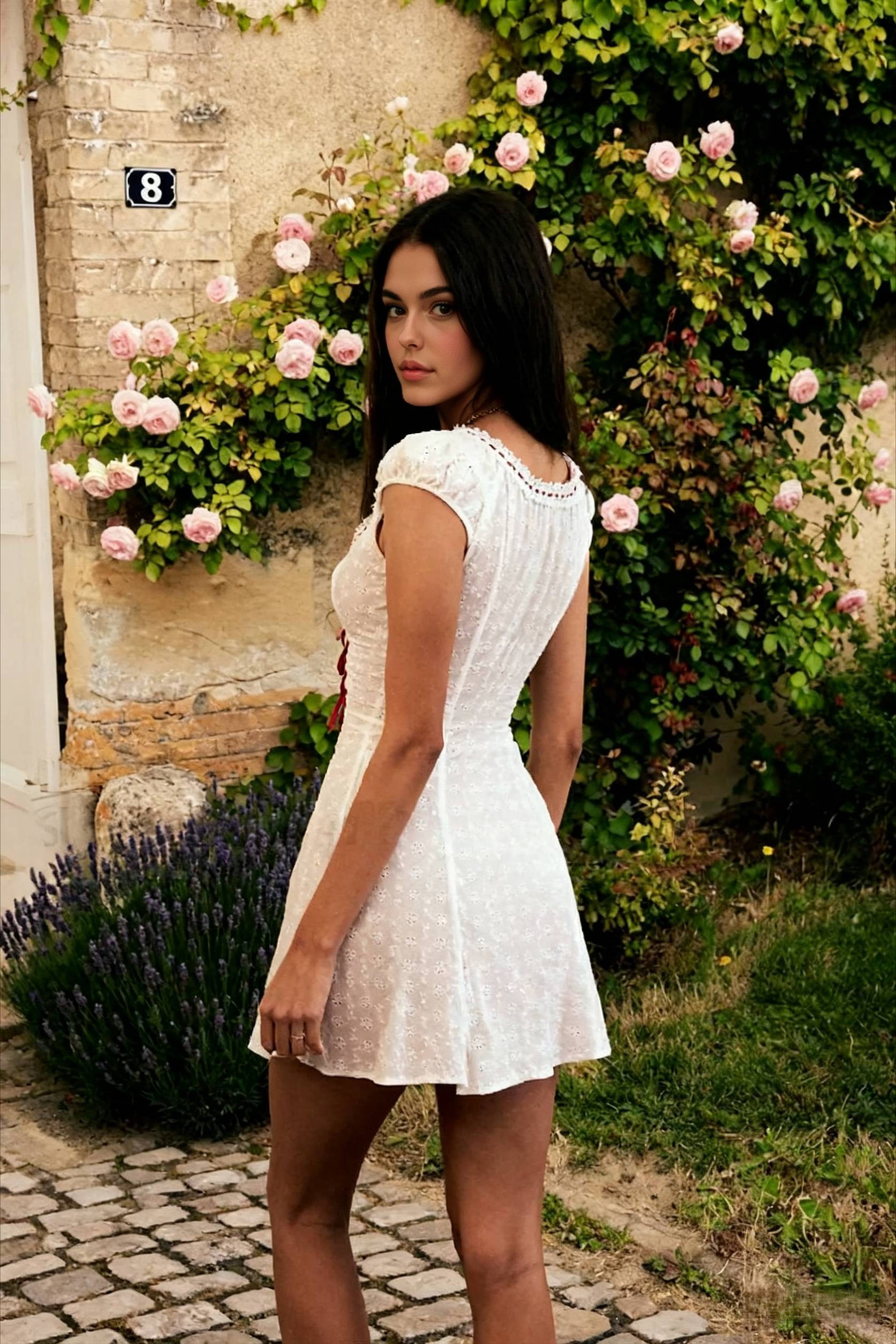 Eyelet Lace Up Deep V-Neck Cap Sleeve Corset Mini Dress