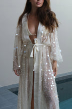 Fashionable Sequined Loose Long-sleeved Tie-front Holiday Casual Cover-up