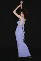 One Shoulder Ruched Cascading Ruffle Trim Bodycon Midi Dress