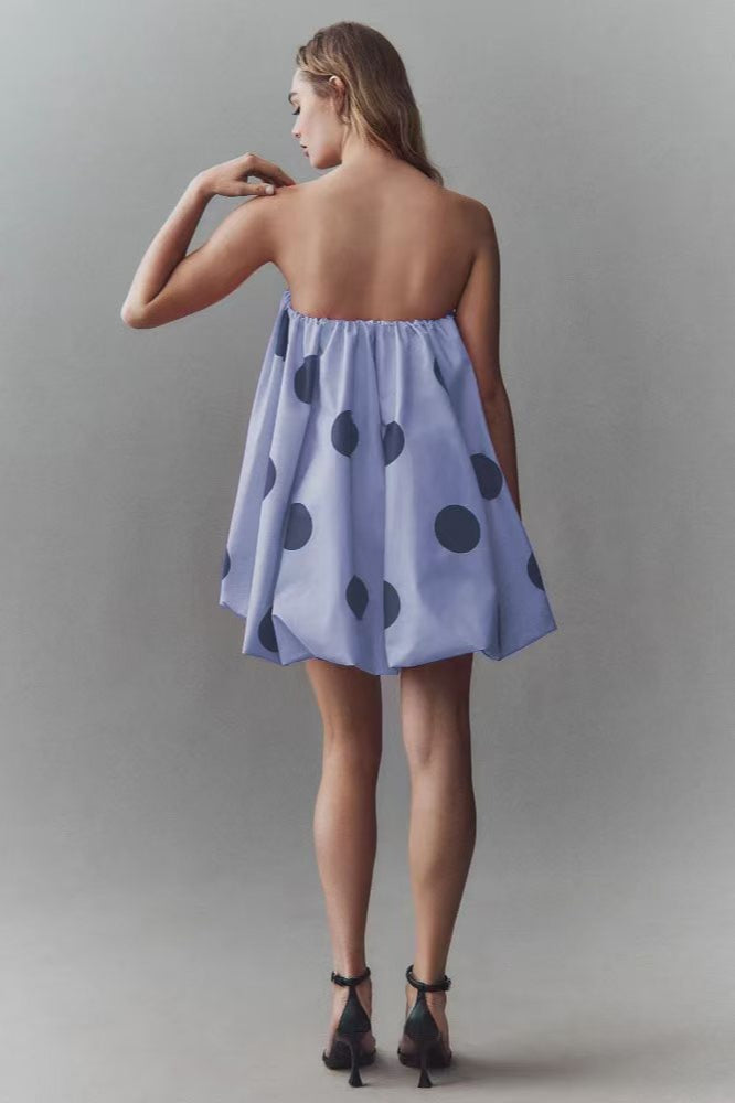 Polka Dot Strapless Bandeau Bubble Hem Fit and Flare Mini Dress