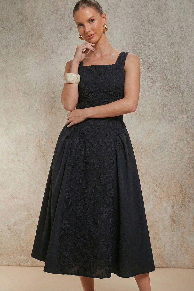 Black Embroidered Sleeveless Midi Dress