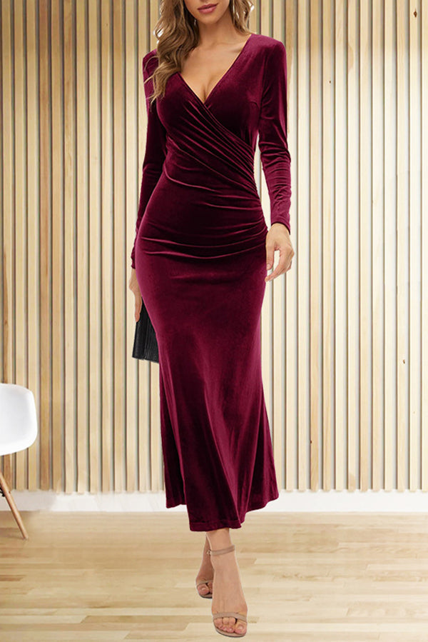 Velvet Wrap Deep V-Neck Ruched Side Long Sleeve Maxi Dress