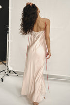 Spaghetti Strap V Neck Eyelash Lace Trim Patchwork Slit Maxi Dress