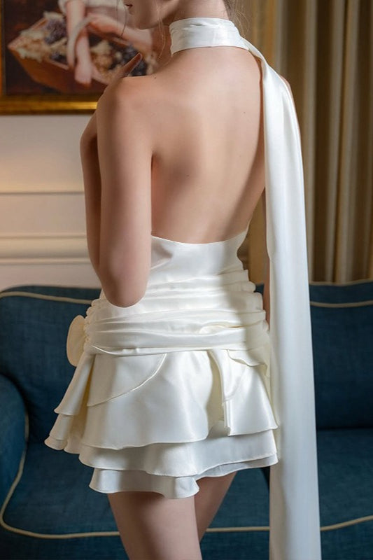 Satin Halter Neck Draped Wrap Rosette Tiered Ruffle Mini Dress
