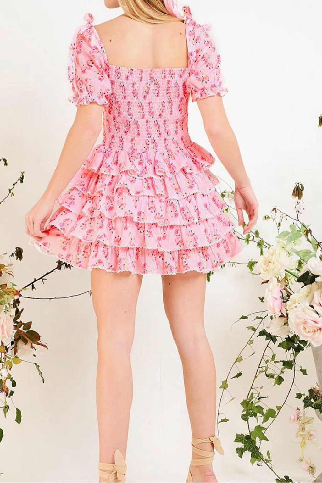 Floral Print Smocked Square Neck Tie-Shoulder Tiered Ruffle Mini Dress
