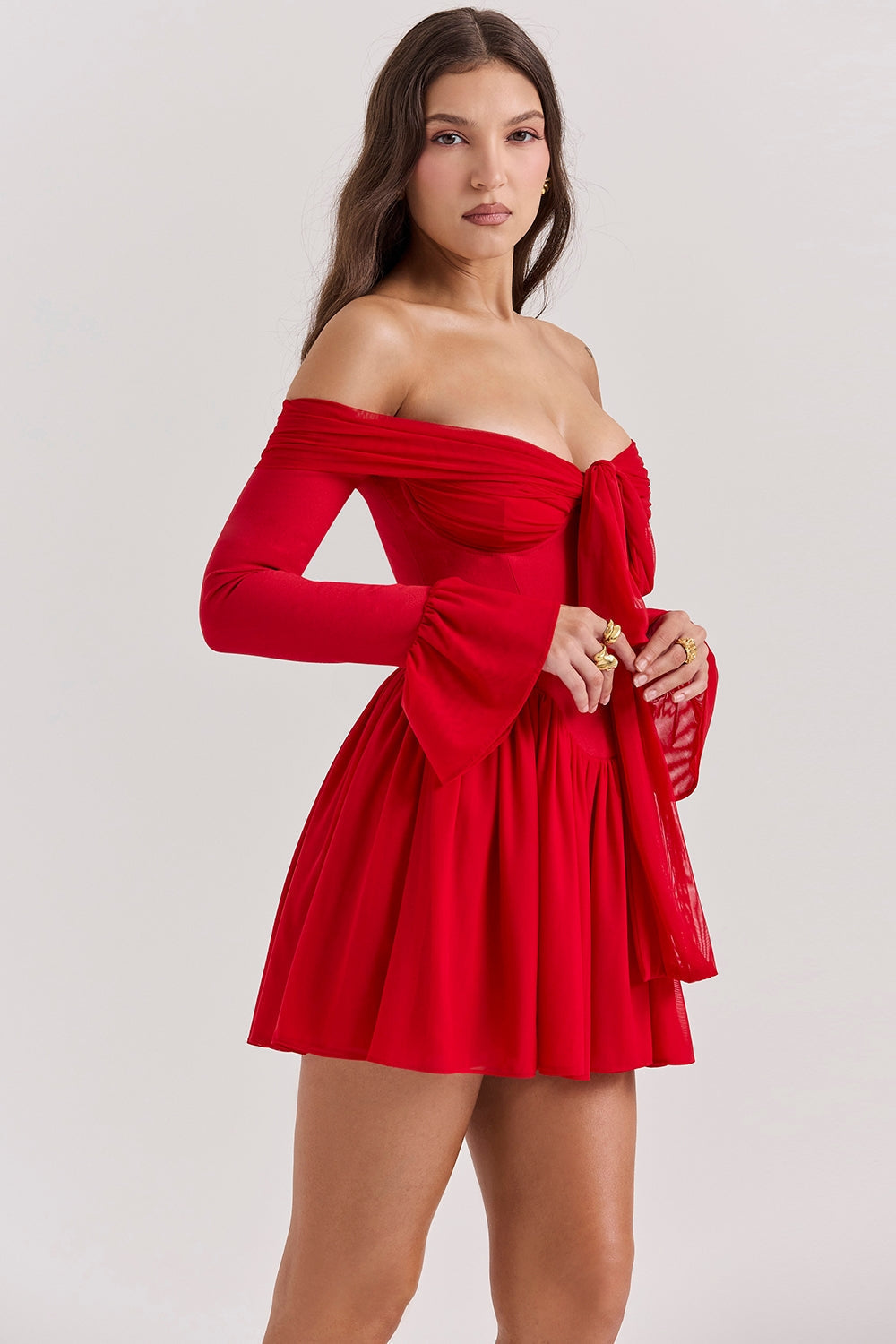 Off Shoulder Bow Bust Corset Waist Pleated Flare Sleeve Mini Dress