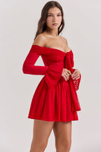 Off Shoulder Bow Bust Corset Waist Pleated Flare Sleeve Mini Dress