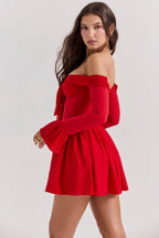 Off Shoulder Bow Bust Corset Waist Pleated Flare Sleeve Mini Dress