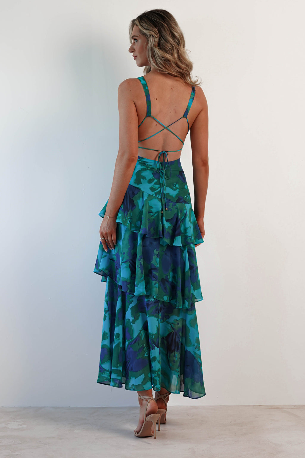 Floral Print Deep V Neck Tiered Ruffle Maxi Dress