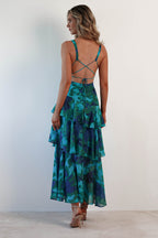 Floral Print Deep V Neck Tiered Ruffle Maxi Dress