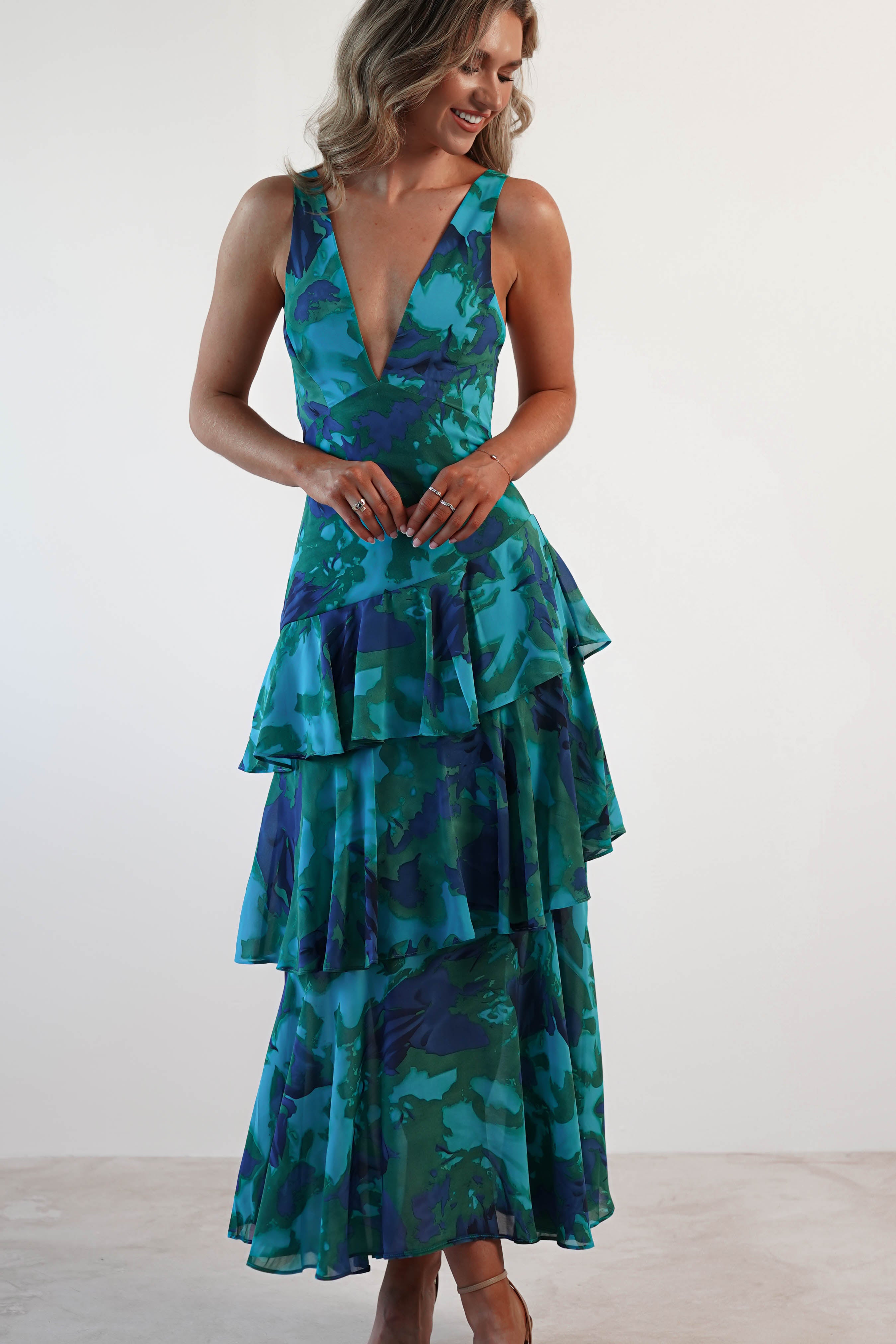 Floral Print Deep V Neck Tiered Ruffle Maxi Dress