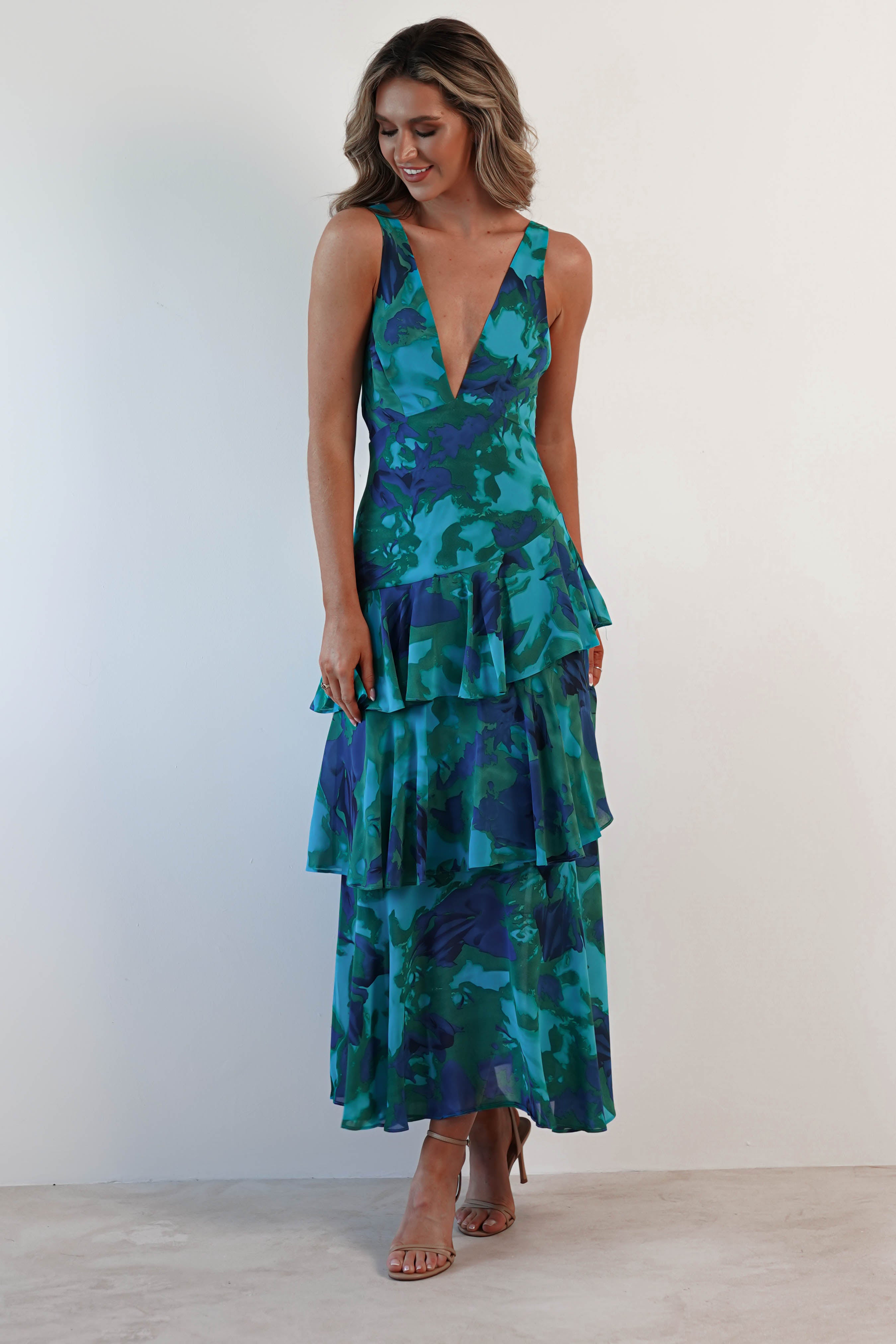 Floral Print Deep V Neck Tiered Ruffle Maxi Dress