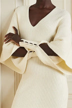 Úrsula Minimalist Cut Out Midi Knit Dress with Batwing Sleeves Chic Silhouette Collection
