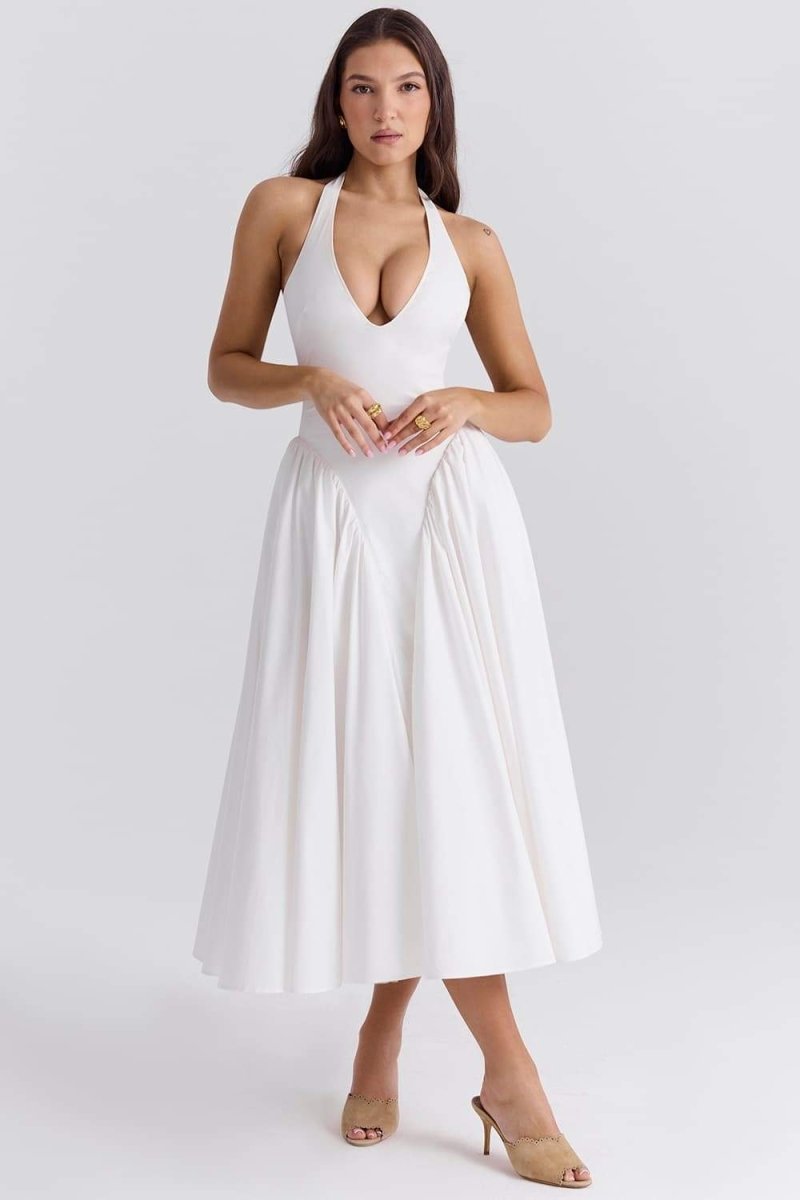 Halter Plunging V-Neck Gathered Full Skirt Midi Dress