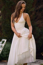 Halter Plunging V-Neck Gathered Full Skirt Midi Dress