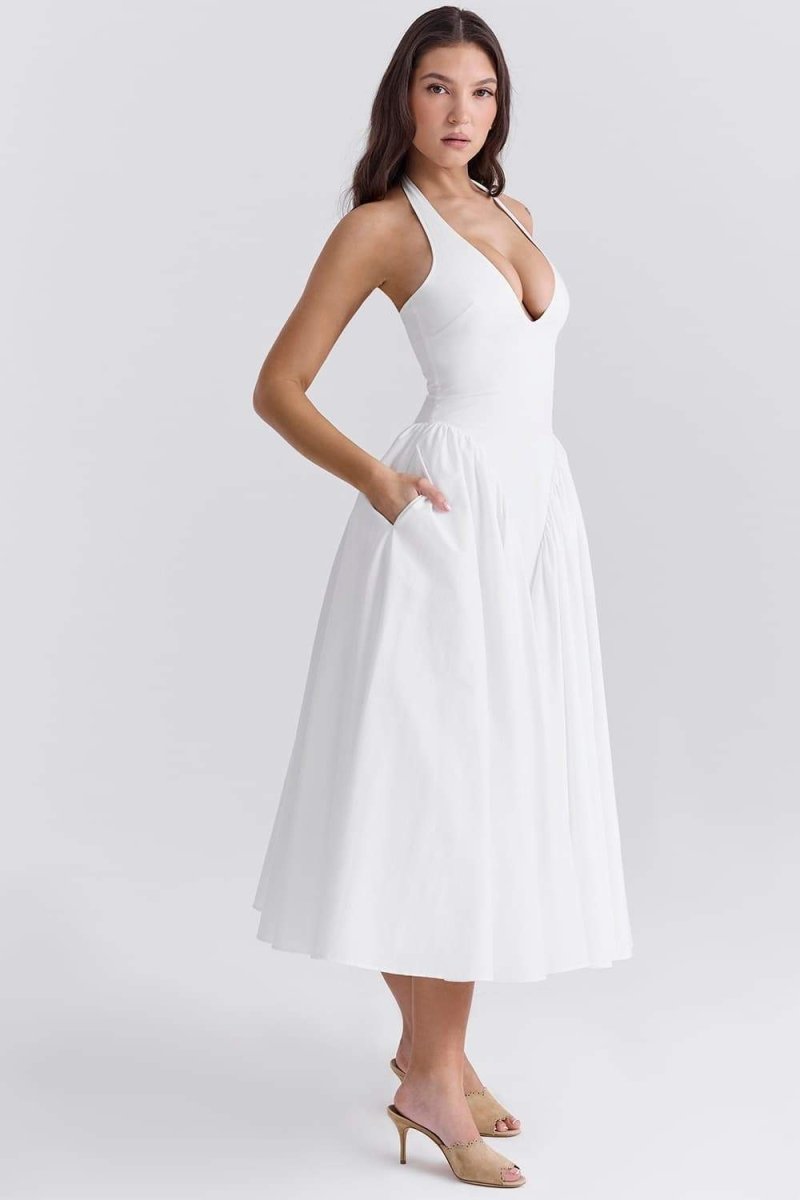 Halter Plunging V-Neck Gathered Full Skirt Midi Dress