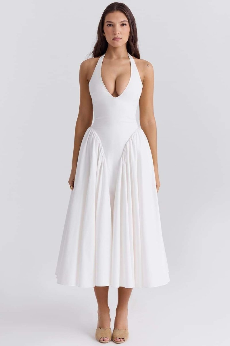 Halter Plunging V-Neck Gathered Full Skirt Midi Dress