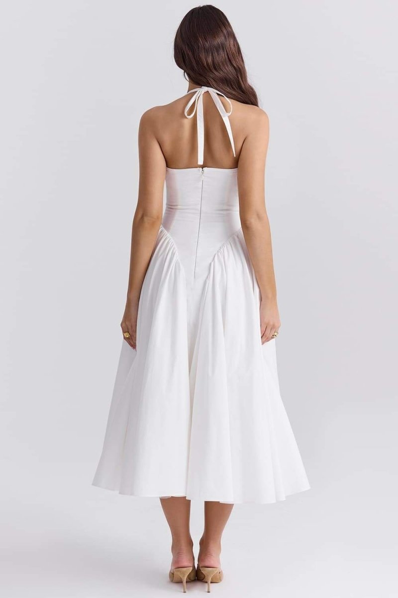 Halter Plunging V-Neck Gathered Full Skirt Midi Dress