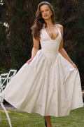 Halter Plunging V-Neck Gathered Full Skirt Midi Dress