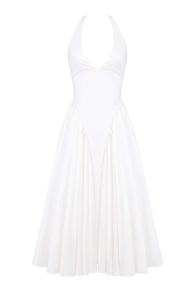 Halter Plunging V-Neck Gathered Full Skirt Midi Dress