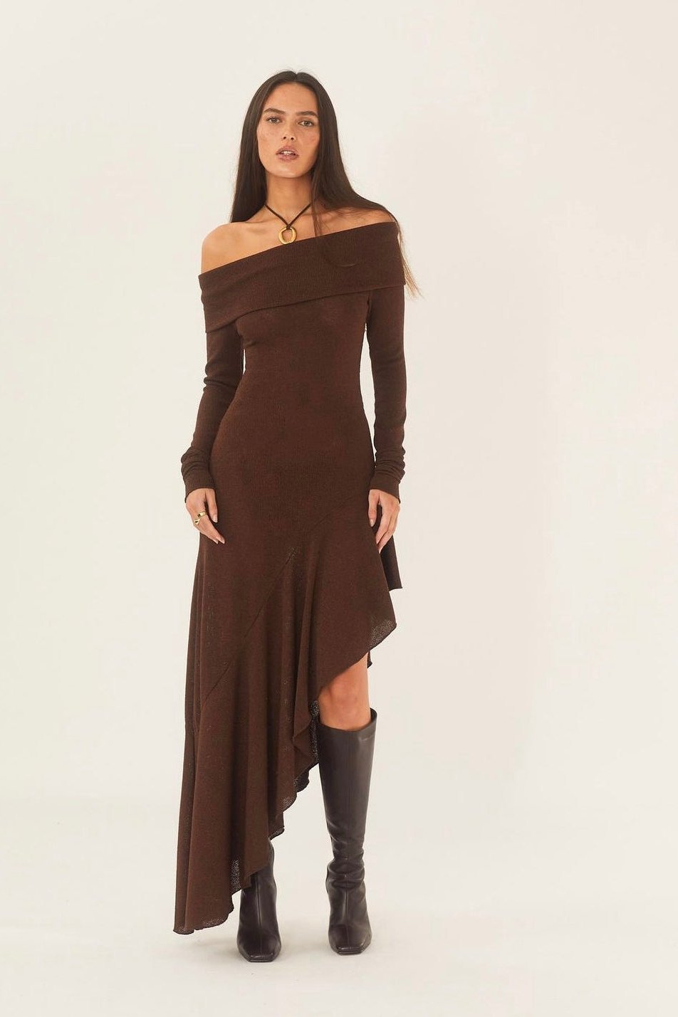 Mariana Boutique Off the Shoulder Flared Midi Knit Dress Premium Wardrobe Essential