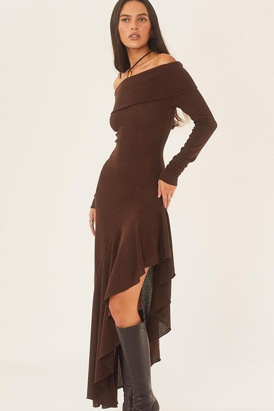 Mariana Boutique Off the Shoulder Flared Midi Knit Dress Premium Wardrobe Essential