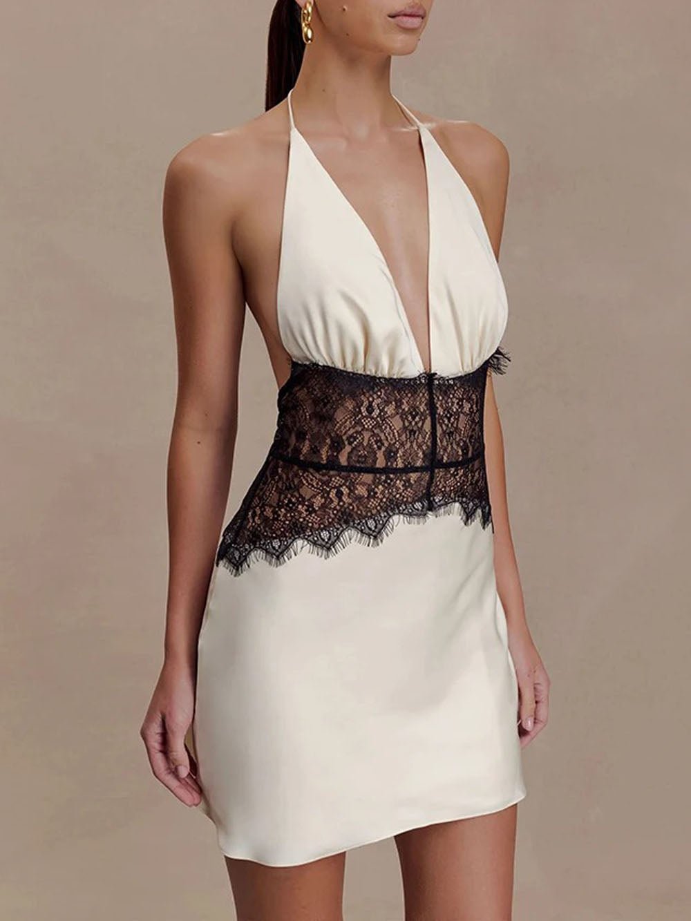 Amelie Lace Patchwork Halter Mini Dress