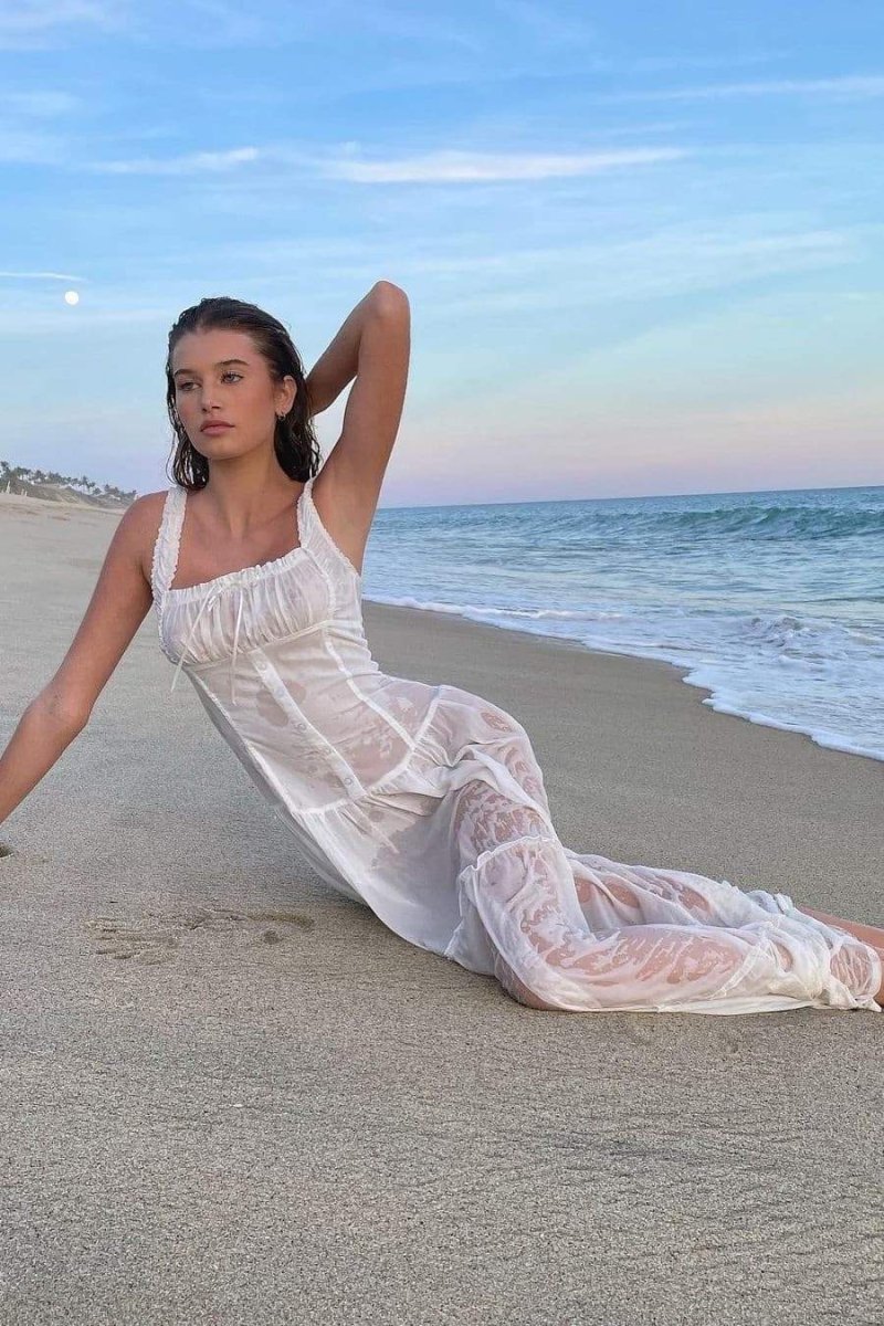 Julia Aesthetic Semi Sheer Maxi Dress with Ruffles Chic Silhouette Collection