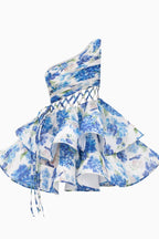 Aurora Premium Floral Print One Shoulder Chiffon Mini Dress Chic Silhouette Collection