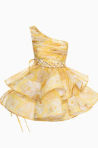 Aurora Premium Floral Print One Shoulder Chiffon Mini Dress Chic Silhouette Collection