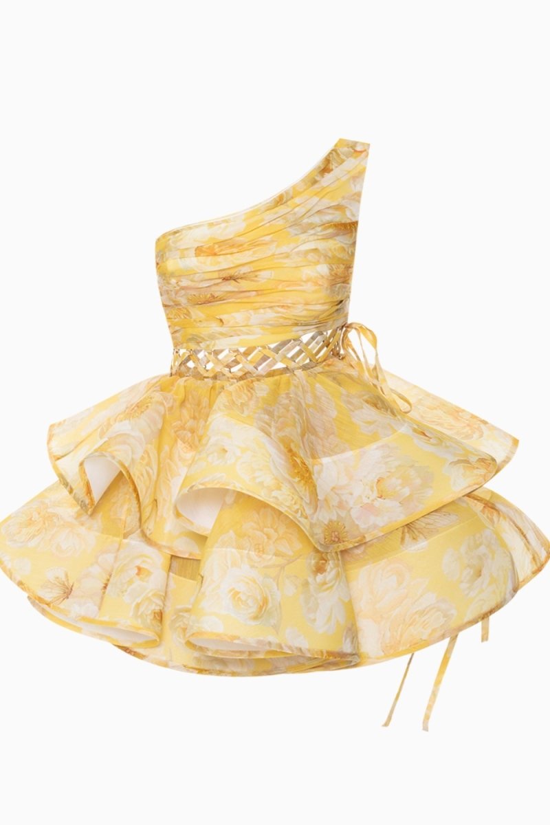 Aurora Premium Floral Print One Shoulder Chiffon Mini Dress Chic Silhouette Collection